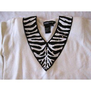 Spree International Sweater M Lambswool Rabbit Hair Zebra Sequins V Neck 80s Vtg